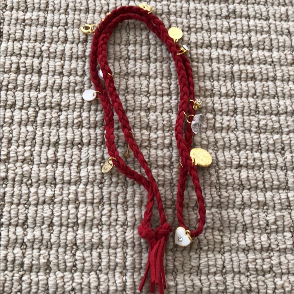 Red suede wrap charm bracelet 36” long